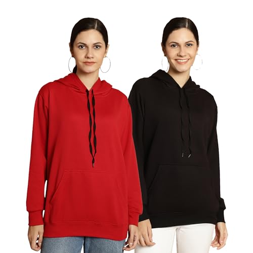 Image of Mack Jonney Solid Hooded Cotton Fleece Sweatshirt for Women (Pack of 2)-MACK50923