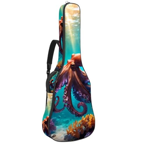 Sac de guitare acoustique 41 pouces étanche à motif pieuvre mignonne avec grand rangement