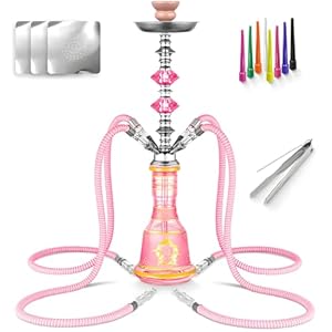 Hookah Set 4 Hose 21” Shisha Hookah Set with Everything – Glass Shisha Vase, Disposable Hookah Tips, 50 Hookah Foil (Pink)
