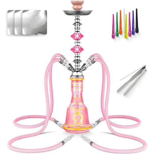 Hookah Set 4 Hose 21 Shisha Hookah Set with Everything - Glass Shisha Vase Disposable Hookah Tips 50 Hookah Foil (Pink)