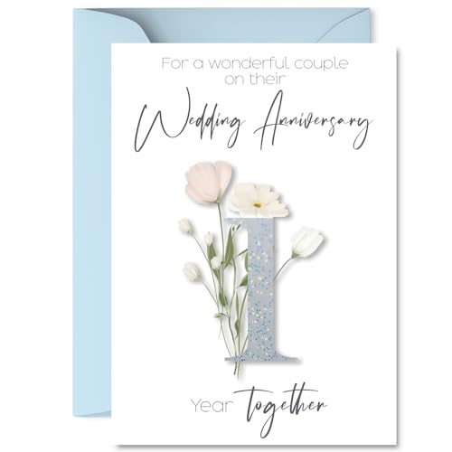 Tarjeta de primer aniversario para mujeres y hombres, flores florales elegantes, tarjeta de feliz aniversario de 1 año para novio, novia, pareja, esposa, tarjetas de felicitación A5 para aniversarios