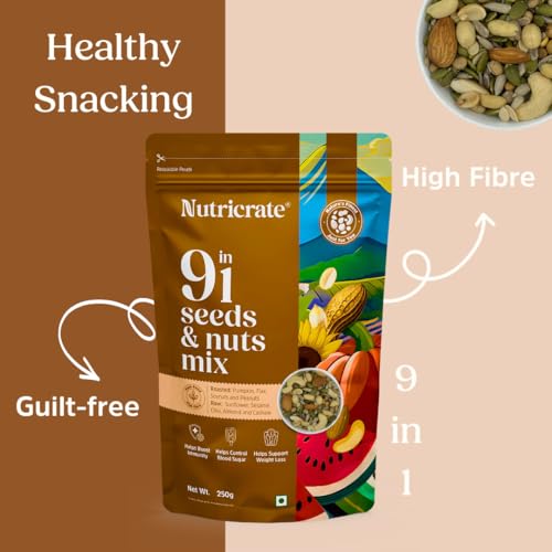 Image of Nutricrate 9 In 1 Dry Fruits & Seeds Mix - 250g - Chia, Pumpkin, Sunflower, Flax, Sesame, Peanuts, Almond, Cashew & Soy - Roasted Protein & Fibre Rich Seeds for Eating & Weight Loss (250g, Pack of 2)