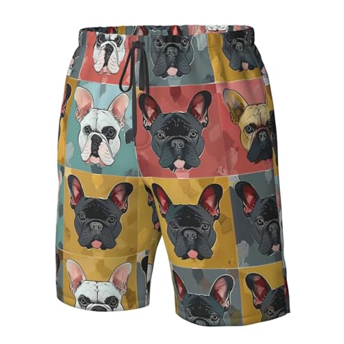 Men's Quick Dry Swim Shorts French Bulldog Colorful Square Patchwork Vintage Beach Trunks with Pockets4
