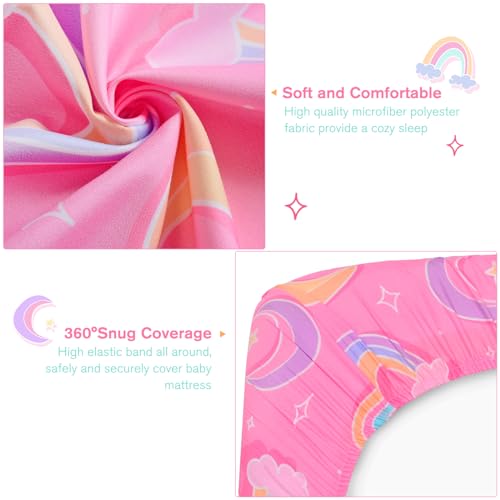 Image of JISEN Baby Crib Sheets Soft Breathable Pink Rainbows Fitted Crib Sheets Baby Sheet for Standard Crib and Toddler Mattress Baby Bed Sheets for Crib for Baby Boys Girls Neutral 52x28 Inch