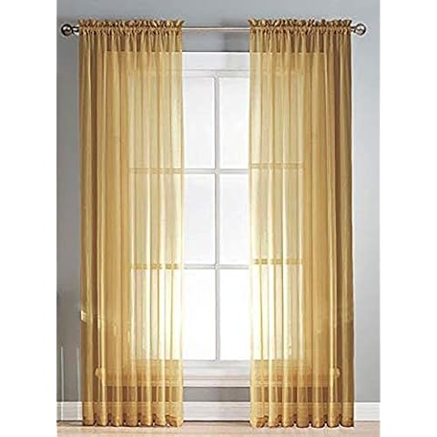 Sapphire Home Gold Sheer Curtains - 2 Panels Set, 54" x 84", Transparent, Light Filtering Privacy Voile Drapes, Sheer Window Curtains for Living Room, Bedroom, Kitchen, Dining Room - Gold/Bronze Cover