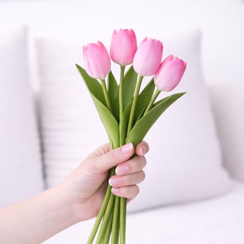 Image of Pink Olive Pink Tulip Artificial Flower | Natural Feel Soft Touch | PU Material | Washable Fade Resistant | Floral Decor for Home Office Living Room Modern Interior Styling (5)