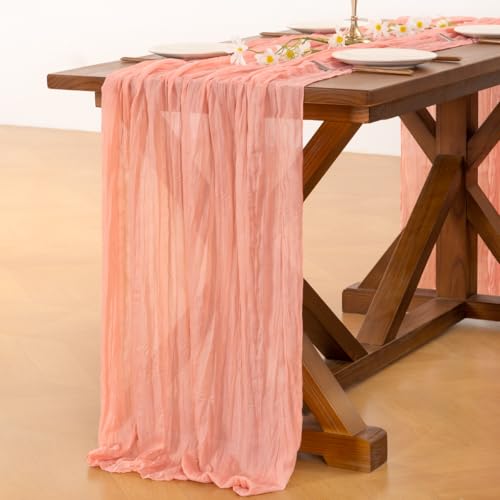 Image of Socomi 2pcs Coral Peach Easter Spring Cheesecloth Table Runner Boho Rustic Gauze 120 inch 10FT Cheese Cloth Runner for Wedding Party Baby Shower Birthday Home Decor Holiday Decorations
