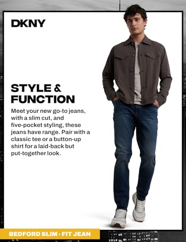 Image of DKNY Bedford Slim Fit Jeans for Men - Tapered Leg Stretch Denim Pants, Classic 5-Pocket Styling | Mens Slim Fit Jeans