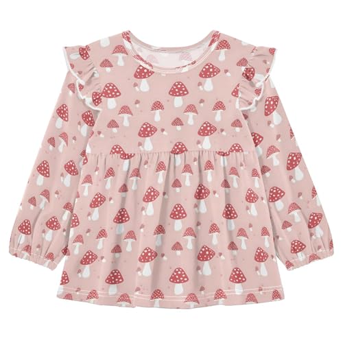 Pink Cute Mushroom Q Girls Shirts Cotton Long Sleeve Ruffle Toddler Tee Tops