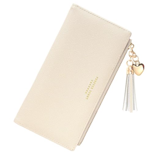 KOTORA Womens Slim Wallet Girls Thin Wallets Pretty Mini Long Card Holder Small Tiny Clutch Zip Purse Love Pendant Tassels Billfold (Beige)2