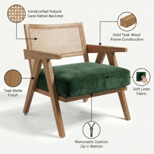 Image of Kingsman Furnitures ABEL Rattan Teak Wood Accent Arm Chair for Home Bedroom, Living, Dining, Drawing Room | Ultra Soft and Comfortable for Stress Free | Removable Cushion (KF-Bronx-ForestGreen-Velvet)