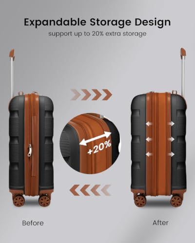 Image of Kono 20 Inch Expandable Carry on Luggage, Airline Approved Suitcase, Black | 22x14x9 Lightweight PP Hard Shell Smooth 360 Spinner Wheels with TSA lock for Short Trips