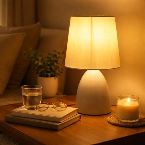 Image of Lexton Table Lamp with Fabric Shade | Bedside Night Lamp for Bedroom Living Room | Inline Switch | Decorative Desk Lamp for Study Table Office & Home Decor | White (Pack of 1)