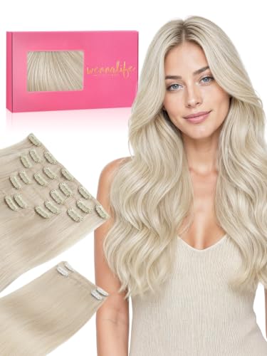 Wennalife Clip in Human Hair Extensions, 18 Inch 150g 9pcs Clip in Hair Extensions Real Human Hair, Platinum Blonde Human Hair Clip in Extensions Remy Human Hair Extensions Clip Ins Double Weft