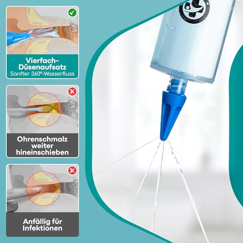 Ohrenschmalz Entferner Set – Ohrenreiniger für Zuhause von Medi Grade mit 3 x Sanften Quad-Stream – Ohrreiniger für Erwachsene – 60 ml Ohrenspritze, Spitzen - Ohrreiniger