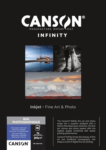 CANSON Infinity - Rag Photographique - Boîte 25 feuilles de papier photo ultra lisse A4 - 310g/m² - Ultra blanc