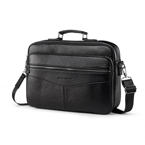 Business Laptop Briefcase for Men 15.6 inch Genuine Leather Computer Laptop Satchel Bag Retro Waterproof Handheld Shoulder Bag Men's Office Commuting Trip Briefcase