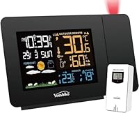 Radio Control (Official 2026 MSF UK Version) Projection Alarm Clock Outdoor Sensor, Weather Station, Bedroom Projector Dimmable Clock Dual Alarms LCD Display Date Time Temperature Humidity