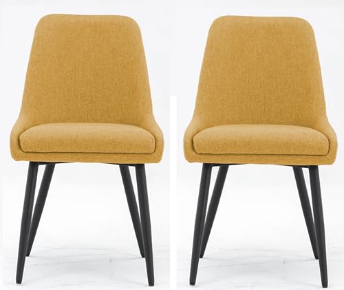 Image of Finch Fox Morris Glam Comfortable Fabric Upholstered Padded Living Room Side Dining Chair for Cafeteria Bedroom, Restaurents, Home, Office with Black Metal Legs in Yellow Color (Set of 2)