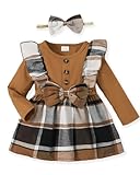 Ichigobaby Baby Clothes 9-12 Month Girl Clothes Dresses Cute Long Sleeve Ruffle Infant Plaid Dress 2 Piece Toddler Baby Girl Fall Outfits