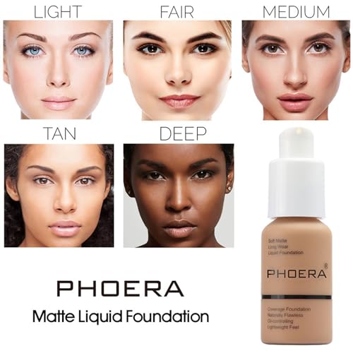 2 PCS PHOERA Foundation Full Coverage Foundation PHOERA Primer,Kabuki Makeup Brushes Foundation Brush Powder Brush,5 Makeup Sponge,30ml PHOERA Matte Oil Control Concealer (102 Nude +104 Buff Beige)