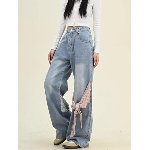 Fashion Straight High Waisted Wide Leg Jeans Casual Y2K Gradual Plaid Bow Tie Patchwork Denim Pants2