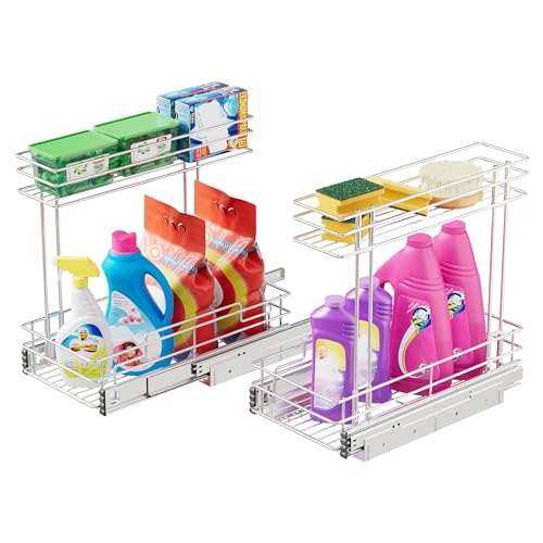 Image of 2 Pack Under Sink Organizer 9 inchW X17 inchD, Pull Out Cabinet Organizer 2 Tier, | Under Sink Slide Out Chrome Plated, Under Kitchen Bathroom Sink Organizer, Pantry Cabinet Closet Organization Rack