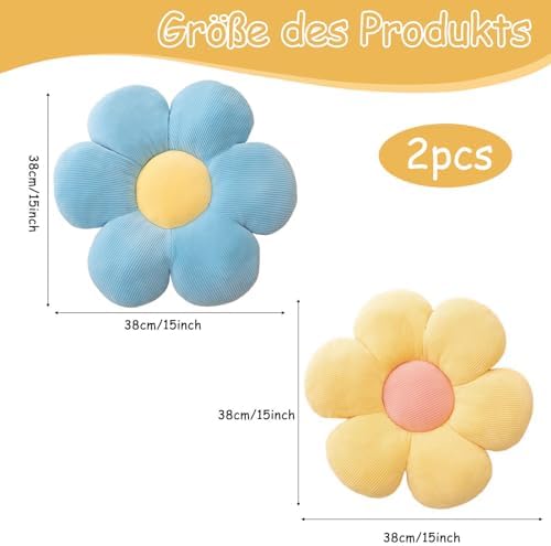 Blumen Bodenkissen 38x38cm 2er Set Weiches Blütenblattkissen Blumenform für Sofa Schlafzimmer Couch (Gelb Blau)