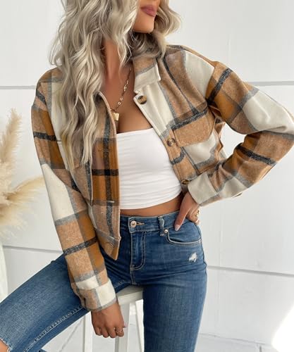 Jackets for Women Cropped Shacket Plaid Button Down Shirt Long Sleeve Flannel Coat Tops with Lapel Pocketes2