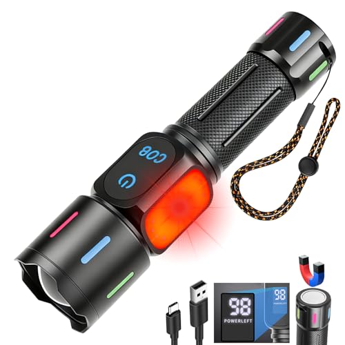 LIAISMI Linternas LED Alta Potencia con Base Magnética, 30W Linterna LED Recargable, 5 Modos con luz COB, Pantalla LCD, IPX4 Impermeable linterna, Compatible con 18650/26650/3xAAA(No incluye pilas)