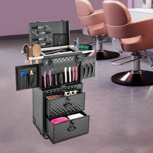 Image of Makeup Train Case, Professional Cosmetics Rolling Organizer, Rolling Makeup Trolley Case, Nail Polish Organizer, Jewelry Travel Cosmetic Train Case with 4 Wheels & 2 Keys (Black) (B0GCHHZQJY)