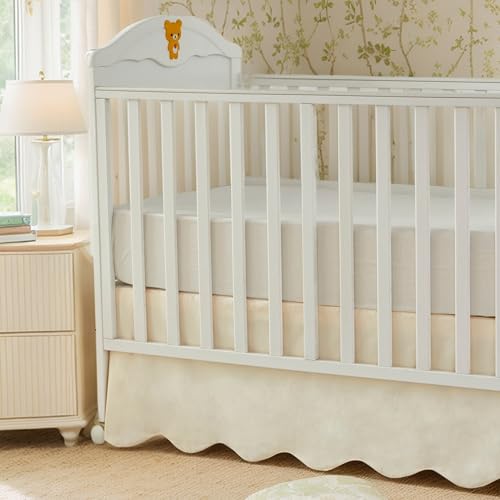 Image of Brandream Scallop Edge Cotton Crib Skirt Toddler Bedskirt Baby Nursery Crib Bed Skirt Boho Bohemian Neutral Solid Color Vintage Ivory Cream Off Farmhouse Chic Boho Bohemian Skirt