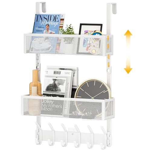LUCYCAZ Adjustable Over The Door Hooks Organizer, Hanger Storage with 10 Coat Hooks & 2 Mesh Basket, Over The Door Towel Rack Organizer for Bathroom, Bedroom, Kitchen (White)