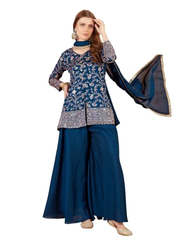 Image of Xomantic Fashion Womens Beautiful Silk Short Kurta Palazzo in Blue with embroidery and sequins work with show buttons