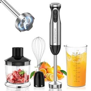 Bonsenkitchen Stainless Steel Hand Blender, 4-in-1 Stick Blender 1000W, 20 Speed Adjustable, with Whisk, 500ml Chopper and 700ml Measuring Cup, Food Processor (HB3203)