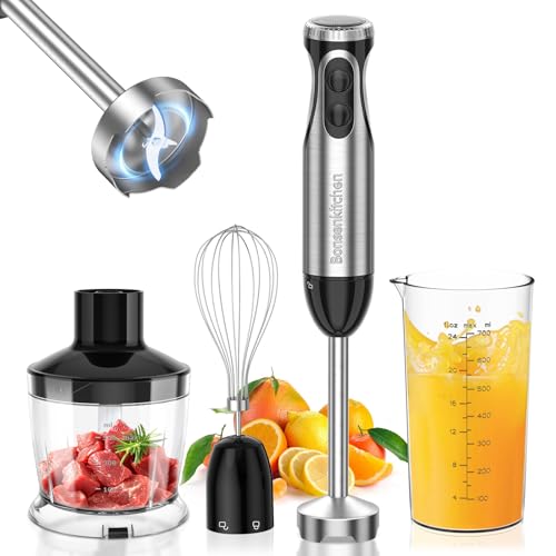 Bonsenkitchen Stainless Steel Hand Blender, 4-in-1 Stick Blender 1000W, 20 Speed Adjustable, with Whisk, 500ml Chopper and 700ml Measuring Cup, Food Processor (HB3203)