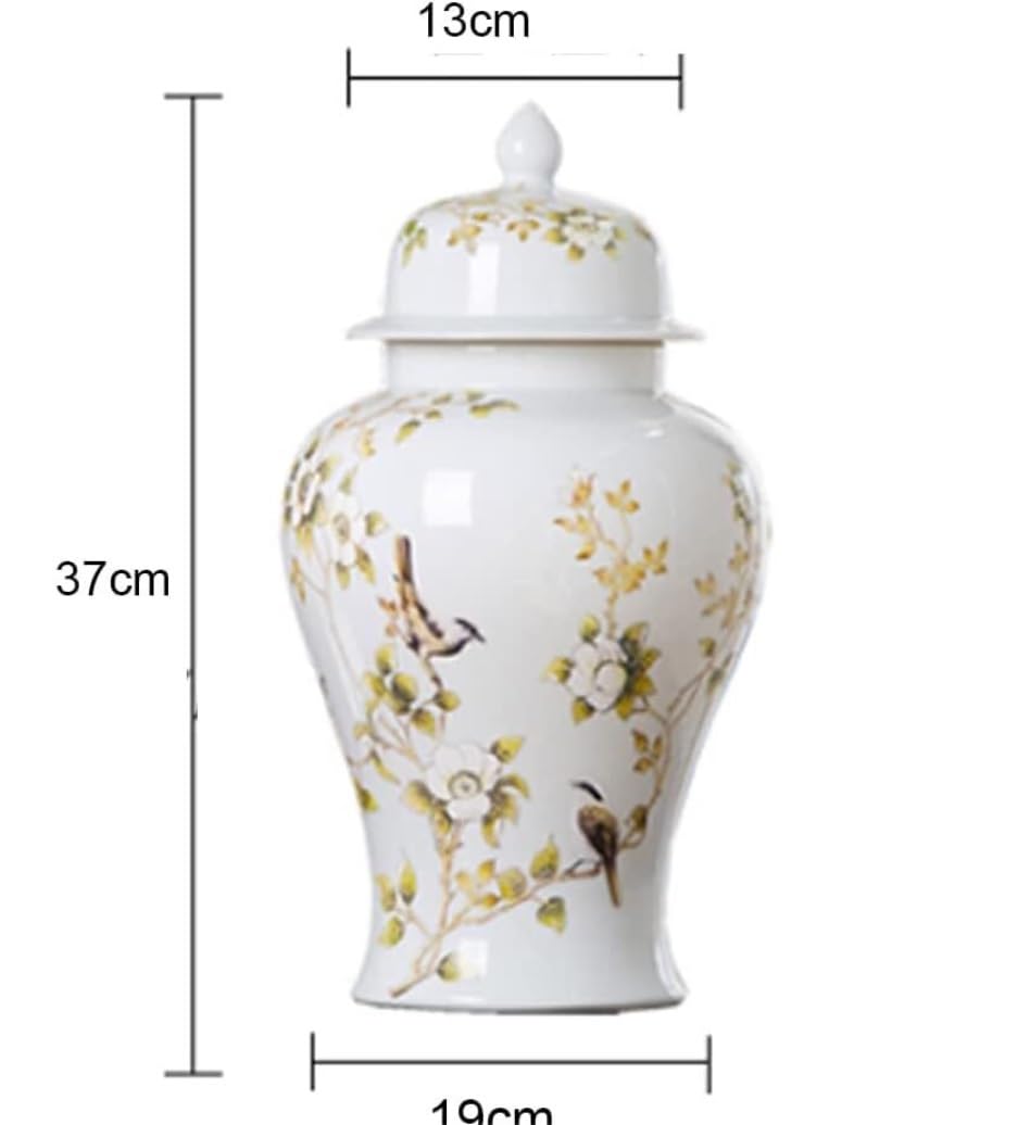 Ceramiczny dekoracyjny słoik z pokrywką, słoik imbirowy do dekoracji wnętrz, wzór białych kwiatów i ptaków, słoik do przechowywania i ekspozycji