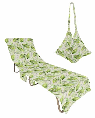 Green Botanical Beach Lounge Chair Towel Cover, Soft Chaise Lounge Towel with Side Pockets Patio Pool Chairs Cover for Beach/Pool Sunbathing 29x85 Watercolor Summer Pastoral Leaf Rustic