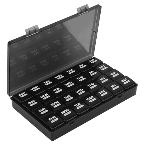 Eyeleaf Monthly Pill Box Organiser 4 Week 28 Day Large Pill Box Organiser Pill Boxes Pill Organiser with Dust-Proof Case for Vitamins/Fish Oils/Pill (Black)