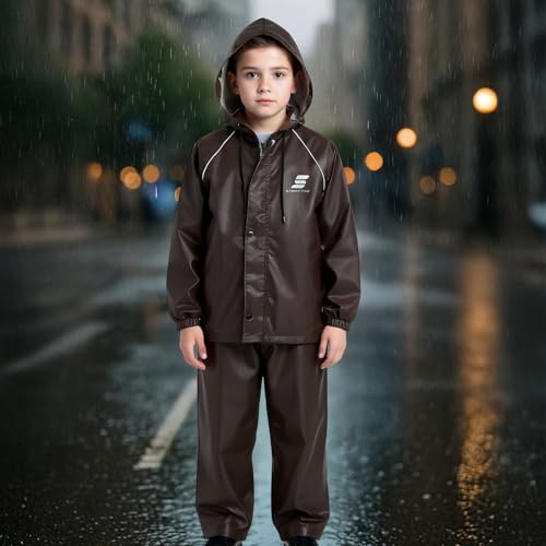 Image of Amazon Brand Symactive Reversible Double Layered Standard Length Hooded Raincoat with Pants for Kids (Unisex) | Waterproof | Elastic Cuffs | Age 08-10 Years | Brown | Polyester