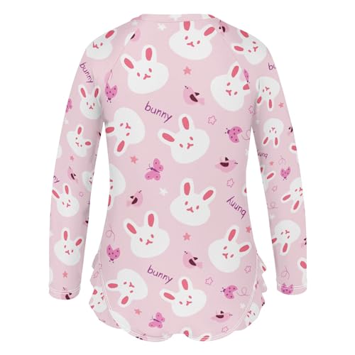 Cute Simple Bunny Pink Prints Girls One Piece Rash Guard Swimsuit, Girls Long Sleeve Swimwear for 3-12Y3