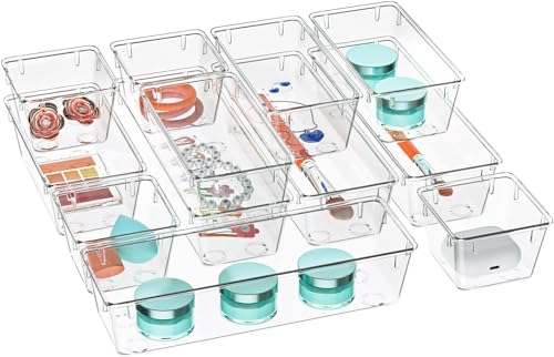Image of Desk Drawer Organizers Trays Set Clear Plastic Storage Bins Bathroom Drawer Tray Dividers Vanity Trays Organizer For Bedroom Dresser Makeup Kitchen Utensil Office (Set Of 12) Transparent