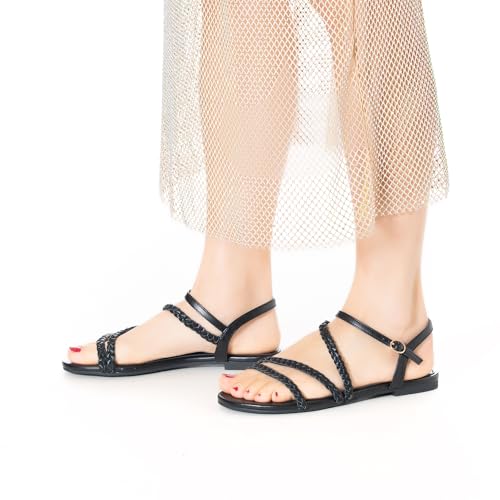 Image of Mtzyoa Women Flat Sandals Dressy Strappy Gladiator Summer Ankle Strap Nude Open Toe Comfortable Wedding Casual Leather Ladies Party Trendy Vacation