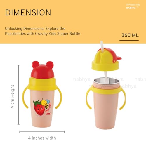 Image of Nabhya Inner Stainless Steel & Outer Plastic 360ml BPA-Free Cute Animal Design Baby Sipper Kids Water Bottle with Straw and Side Handle for Kids (Pink & Yellow - 2pc)