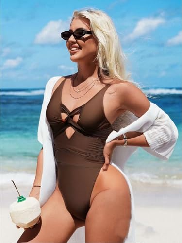 Women's One-Piece Swimsuit Caramel Brown Bikini Cut-Out Tie-Side Deep V-Neck Beachwear2
