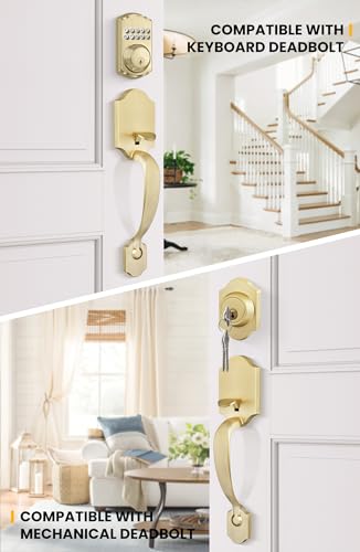 Image of Goldenwarm Front Door Handle, Gold Exterior Door Handles Single Cylinder Front Door Handle Only, Entry Door Handles