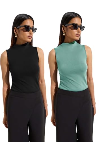 Image of KOTTY Women's Sleeveless High Neck Ribbed Tank Top Combo Pack of 2 Stylish Casual & Office Wear Tops