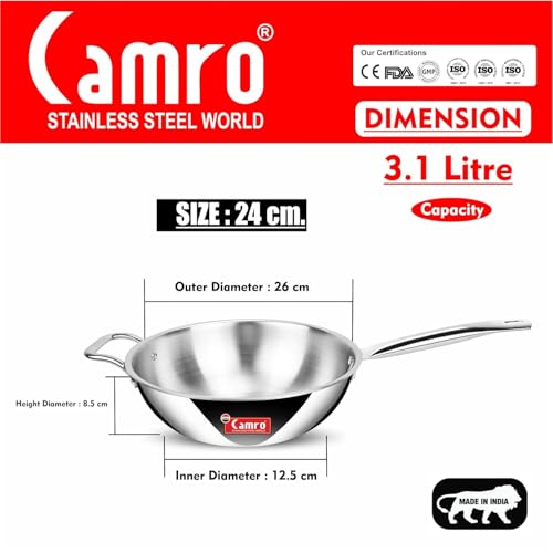 Image of Camro Triply Artisian Wok Pan 24 Cm, 3.1 Liters | Heavy-Duty Kadai for Noodles, Fried Rice Perfect Grip Traditional Chinese Cooking | Dishwasher Safe | 6 Years Warranty