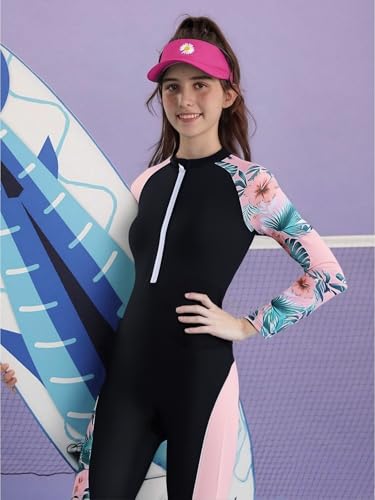 Image of Girls One Piece Rash Guard Swimsuit Long Sleeve Swimsuits with Zipper Patchwork Beach Bathing Suit for Kids 4-13 Years
