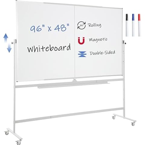 FORTUNO Large Magnetic Mobile Whiteboard 96"x48", Rolling Double Sided Stand Whiteboard on Wheels, Reversible Adjustable Height/Angle Dry Erase Board 8' x 4' Easel White Board for Office Classroom Cover